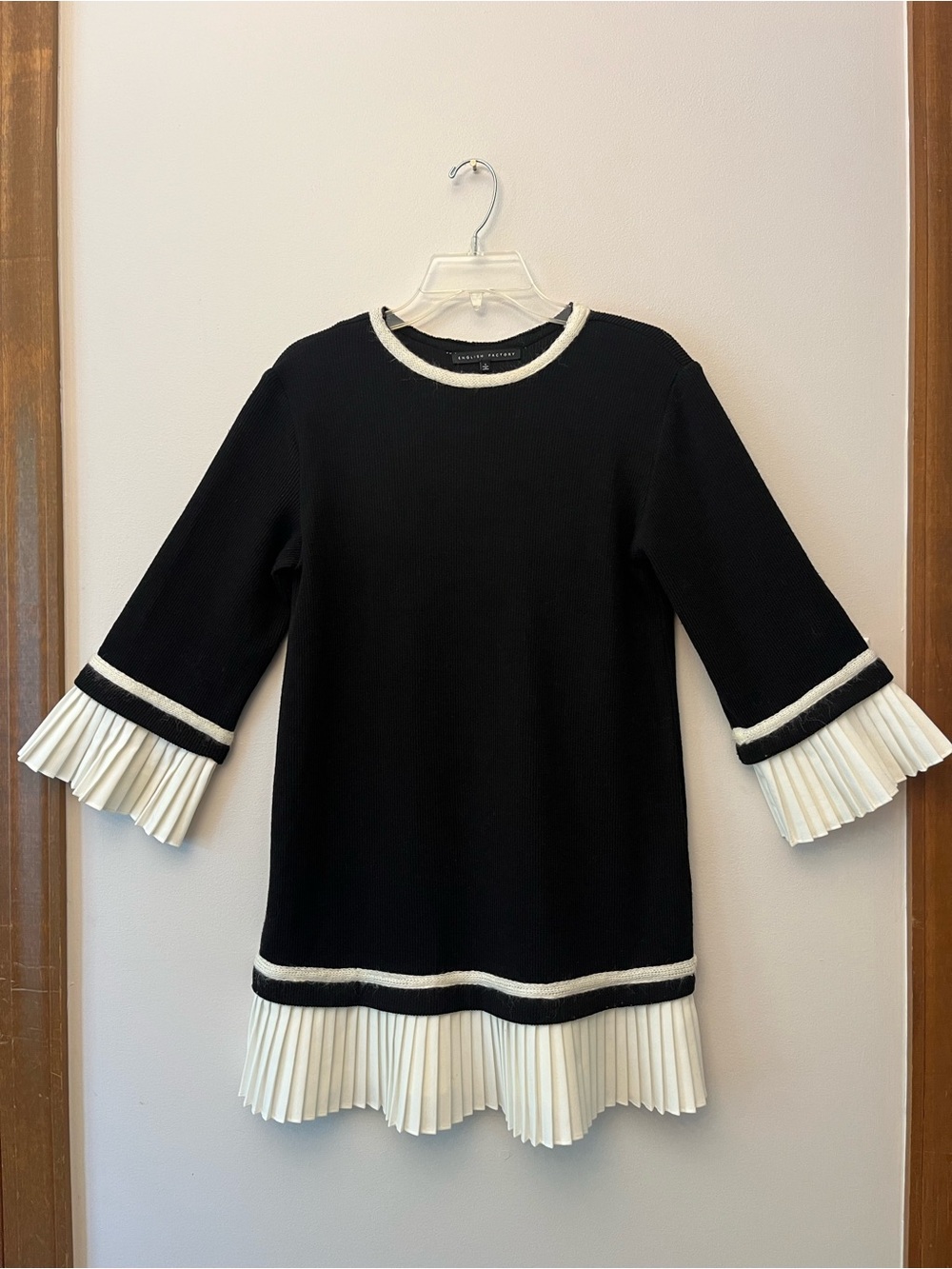 English Factory Black Sweater White Pleated Hem Mini Dress size Small
